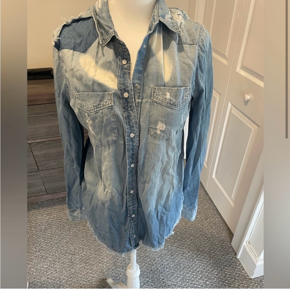 Express Light Blue Distressed Denim Shirt